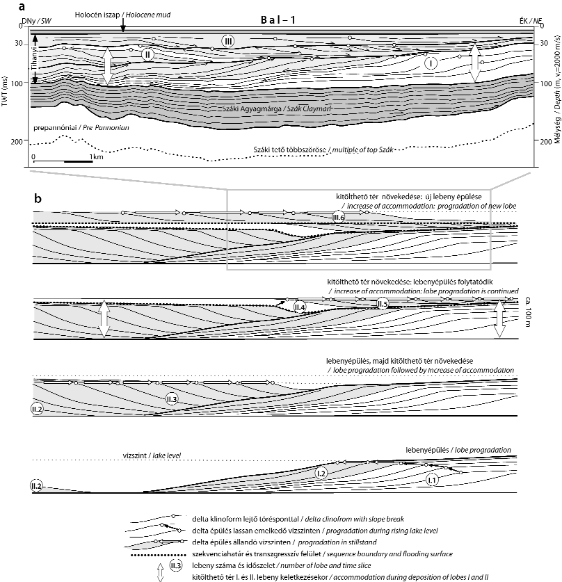 Földtani Közlöny 143/1 (2013) 85 8. ábra. BAL 01 nagyfelbontású szeizmikus szelvény (TÓTH 2009 alapján) vonalas rajza (a) és a lebenyek képződésének szekvenciarétegtani modelje (b).