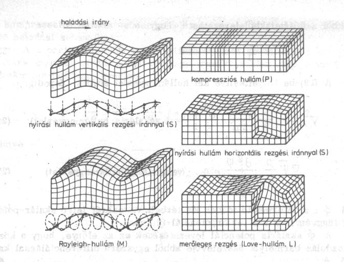 2 2 2 2 2 x u t u + = ρ μ λ 2 2 2 2 x v t v = ρ μ 2 2 2 2 x w t w = ρ μ A rugalmas hullám az x irányban halad, az elmozdulás vektor komponensei. A kompressziós és a nyírási hullámok a testhullámok.