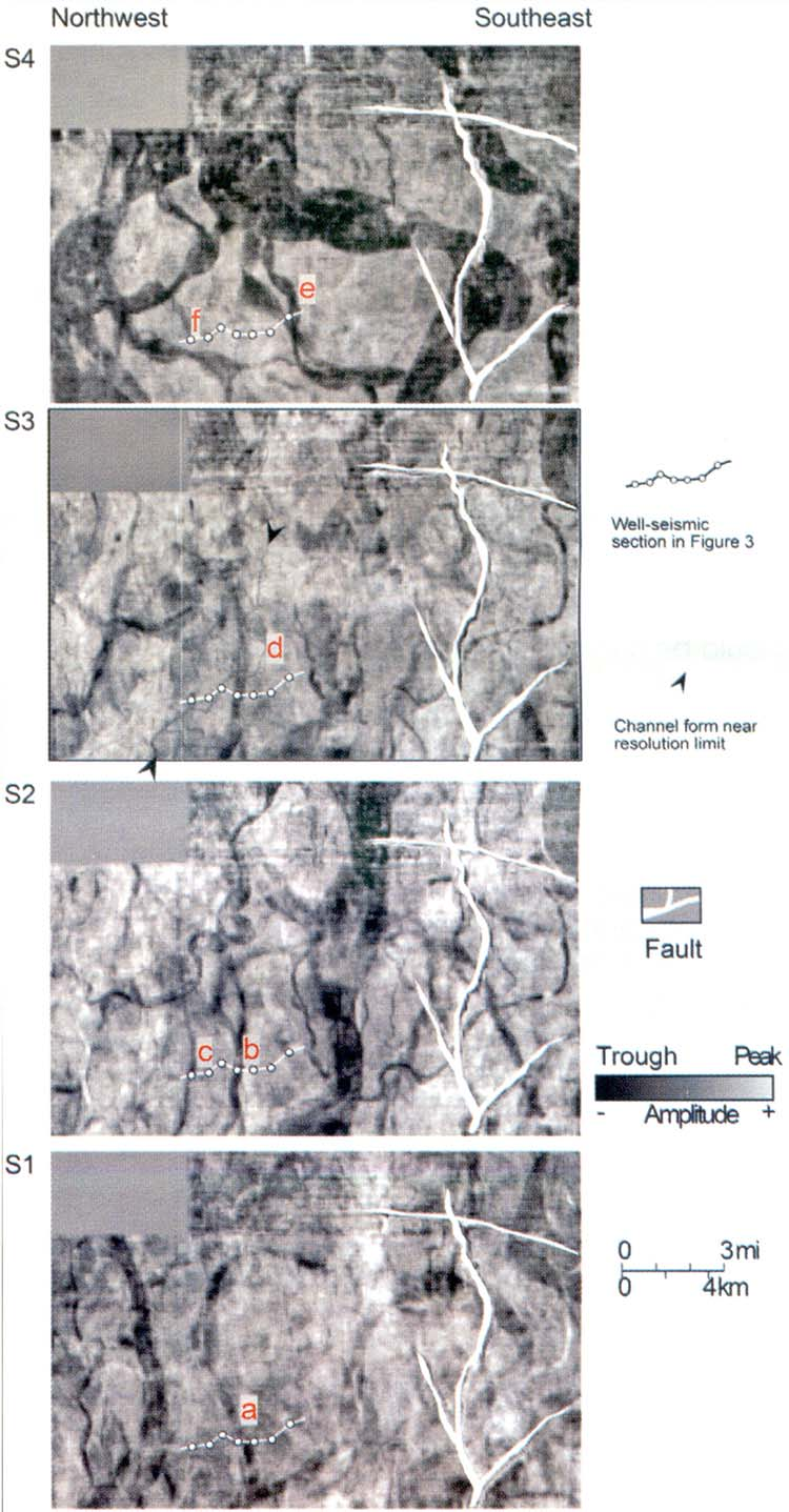 Amplitúdó stratal slice-ok (rétegen belüli metszetek) az előző ábra reflexiós szelvényének S1,S2,S3,S4 vonalai mentén.