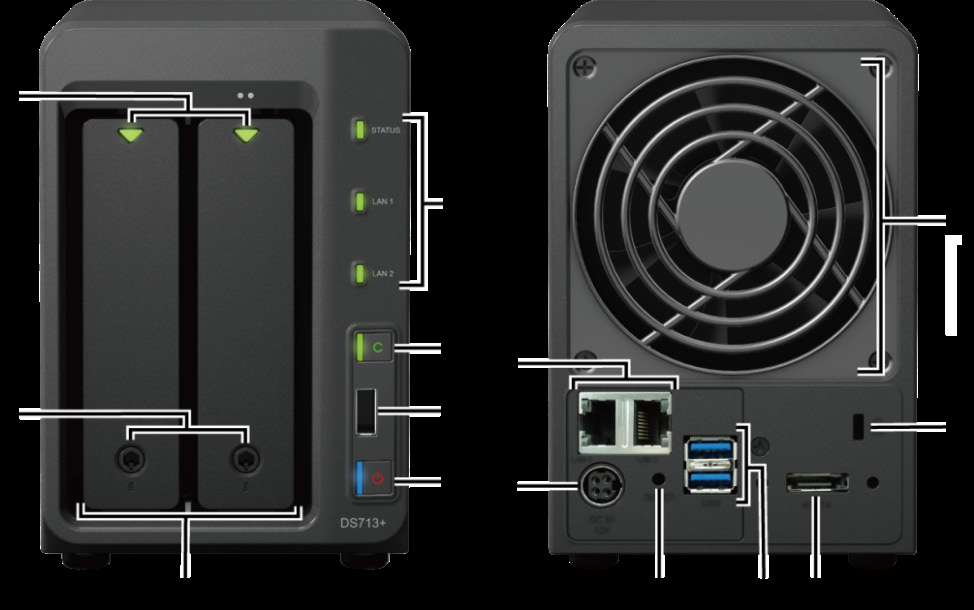 Synology DiskStation áttekintés Sz. Tétel Hely Leírás 1) Merevlemezállapotjelző Mellső panel Megjeleníti a telepített merevlemezek állapotát.