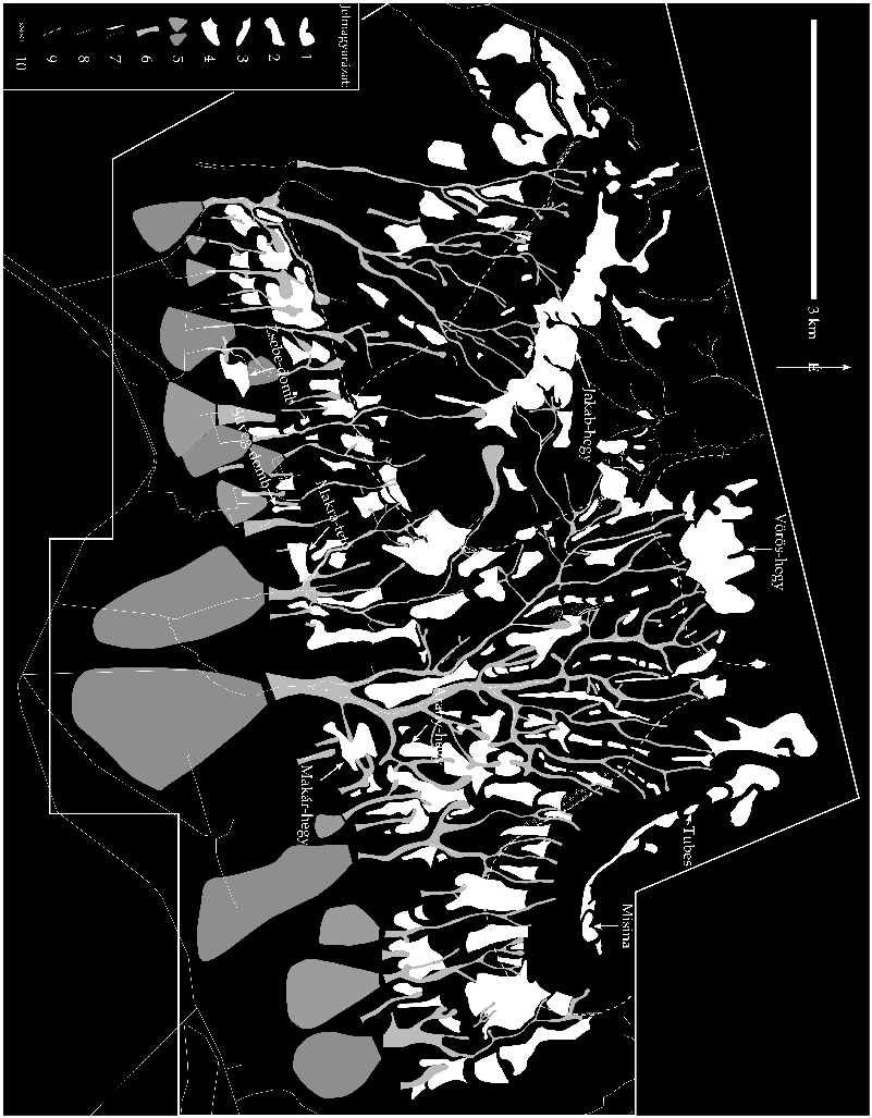 felszíncsoport felszínei; 5 = törmelék- és hordalékkúpok; 6 = völgyek; 7 = vízmosások és metsződések; 8 = felszíni vízfolyások; 9 = a Bádeni-tenger