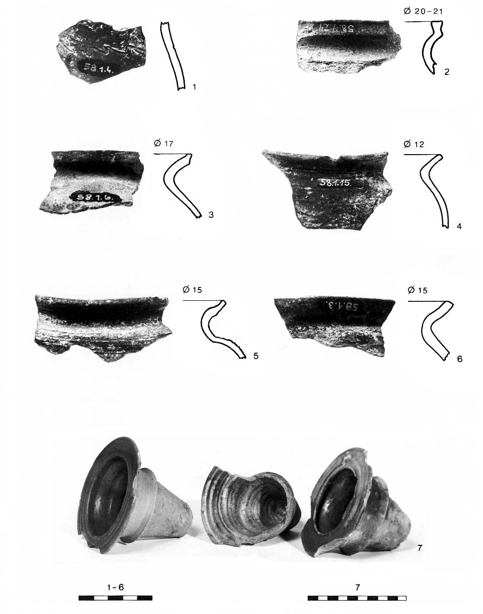 Jegyzetek a kanizsai vár 16-17. századi kerámialeleteihez 173 7. kép: 1-6: Kézi korongolt fazekak peremtöredékei, I.