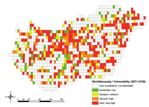A jövőre vonatkozó sérülékenységi térképek alapján megállapítható, hogy a század végére a hőségnapok számának növekedése országszerte egyre nagyobb területen gyakorol erős hatást a közutak