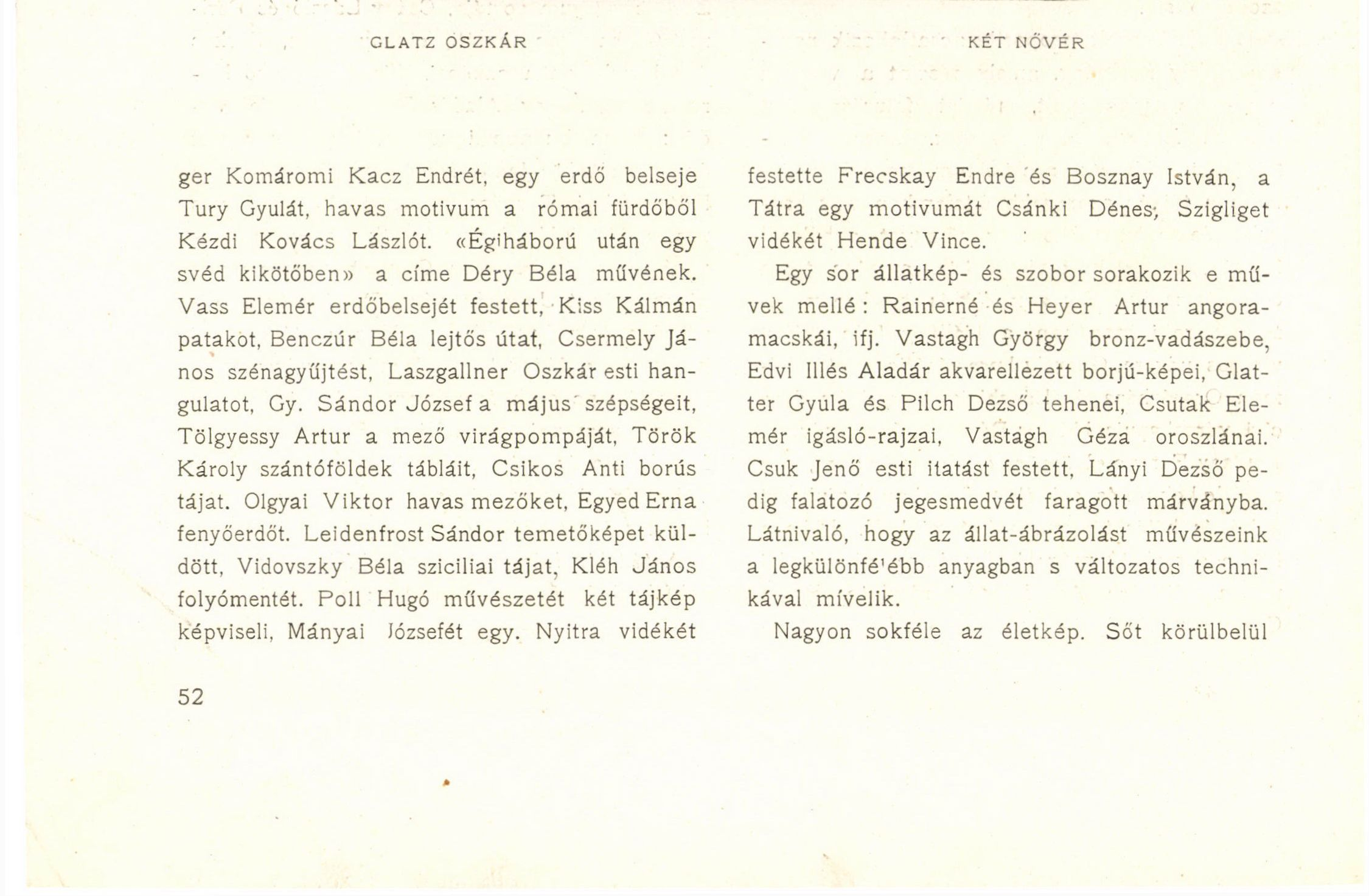 GLATZ OSZKÁR KÉT NŐVÉR ger Komáromi Kacz Endrét, egy erdő belseje Tury Gyulát, havas motivum a római fürdőből Kézdi Kovács Lászlót.