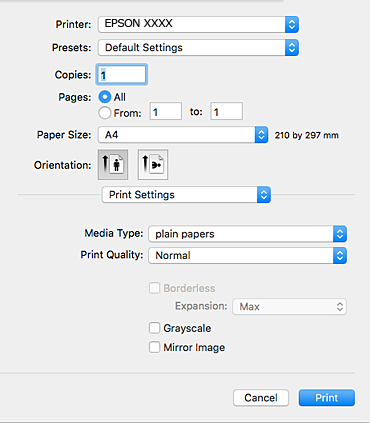 Nyomtatás 5. Jelölje ki a Nyomtatási beállítások lehetőséget a felugró menüből. Mac OS X v10.8.