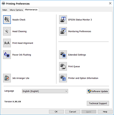 Hálózati szolgáltatásokra és szoftverekre vonatkozó információk Karbantartás fül Elindíthat olyan karbantartási funkciókat, mint a fúvókák ellenőrzése a nyomtatófej tisztítása, továbba az EPSON