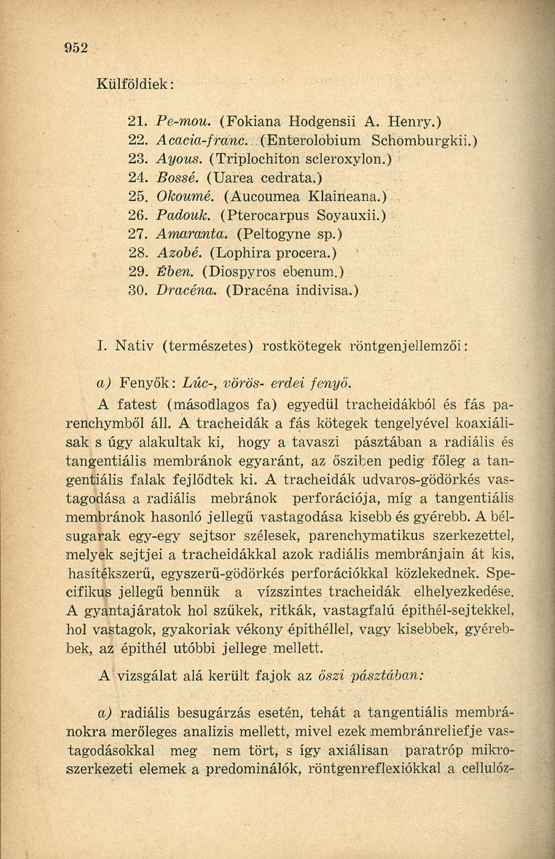 Külföldiek: 21. Pe-mou. (Fokiana Hodgensii A. Henry.) 22. Acacki-fránc. (Enterolobium Schomburgkii.) 23. Ayous. (Triplochiton scleroxylon.) 24. Bőssé. (Uarea cedrata.) 25. Okoumé. (Aucoumea Klaineana.