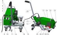 3. 1. Hálózati kábel 11. Vezetőkerék 21. Burkolat 2. Autostart kapcsoló 12. Vezetőkerék emelőkar 22. Fogantyú 3. Főkapcsoló 13. Hőlégfújó rögzítőbillentyű 23. Segédkerék emelőkar 4.