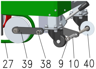 5. Beállítás átfedéses hegesztési módra Illessze a vezetőkereket (39) a tengelycsonkra (38) fűzze rá a vezetőszíjat (27) és rögzítse az anyával.