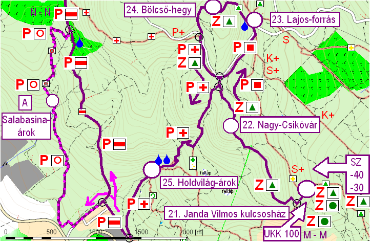 Alapesetben a P jelzés jobbra vezet felfelé, 426 méter múlva jobbra tér egy szűk ösvényre, majd amikor újból kiér a földútra, 24 méter múlva, egy tisztásnál ismét letér, de most jobbra (nehezen