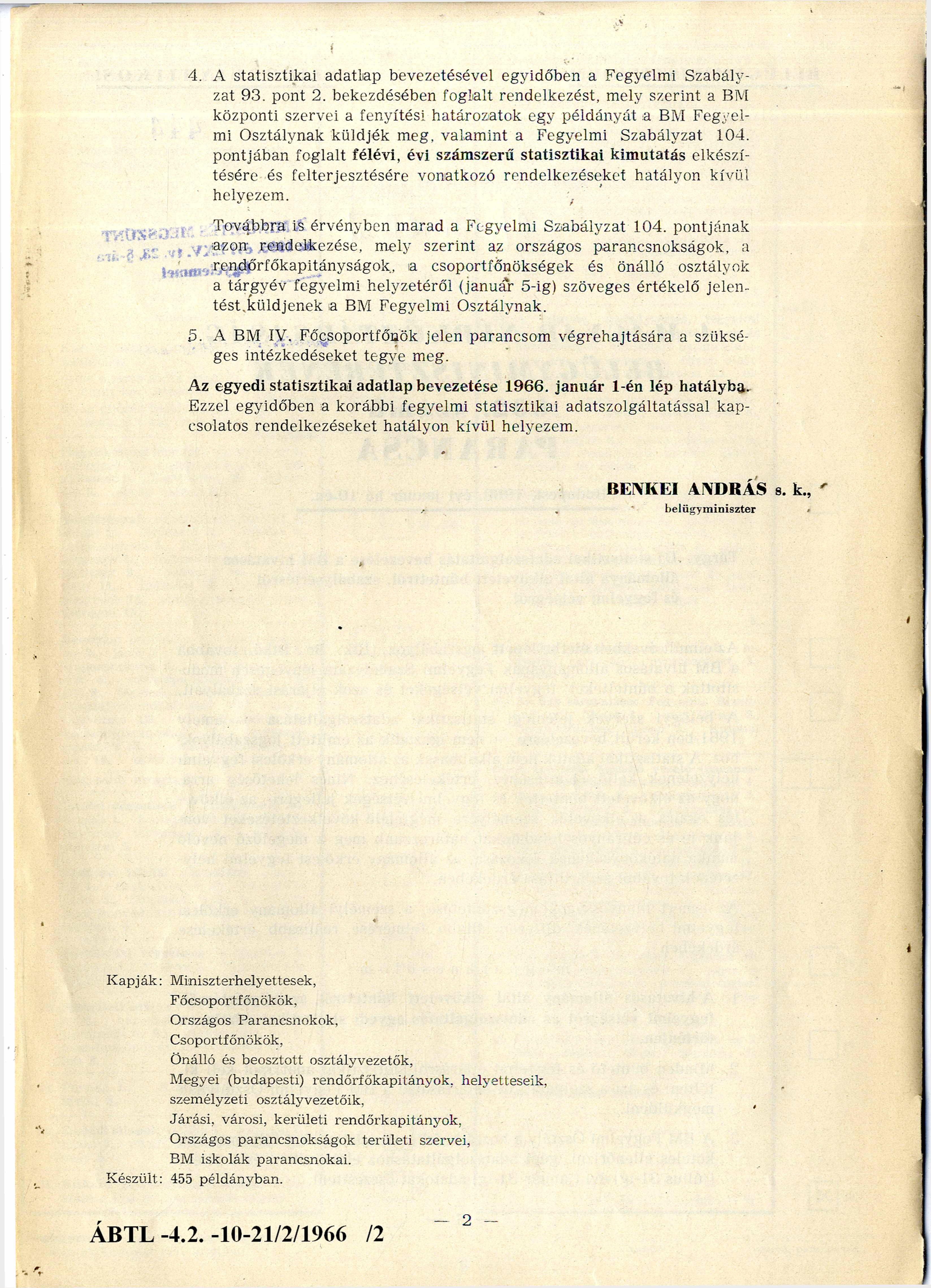 4. A statisztikai adatlap bevezetésével egyidőben a Fegyelmi Szabály zat 93. pont 2.