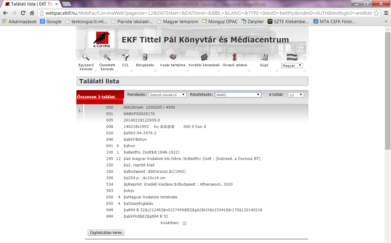 Rekord MARC formátumban E2=EKF Tittel Pál