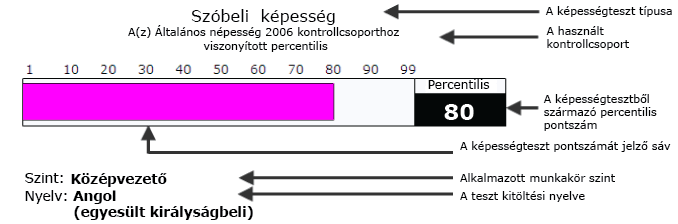 Információk erről a beszámolóról Hogyan értelmezzük a beszámolóban található információkat A sávdiagram a személy képességtesztjéből származó centilis értéket mutatja.