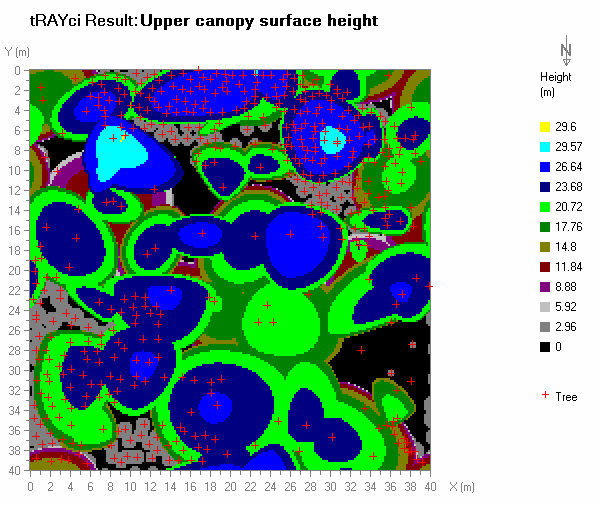 4. ábra. Egy trayci program által gyártott térkép egy 40x40 m 2 -es állományrészletről. Az eltérő színek a lombkorona felső felszínének magasságát jelzik.