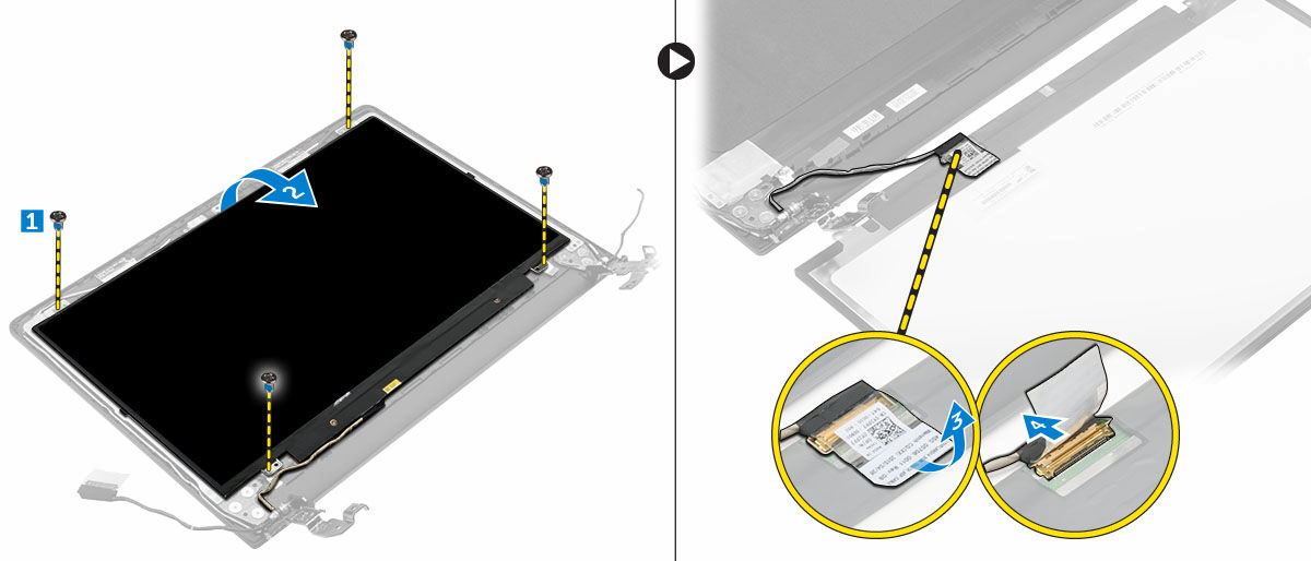 A kijelzőpanel beszerelése 1. Csatlakoztassa az LVDS kábelt a kijelzőpanelen lévő csatlakozóra. 2. Ragassza fel a LVDS kábelét rögzítő szalagot. 3.