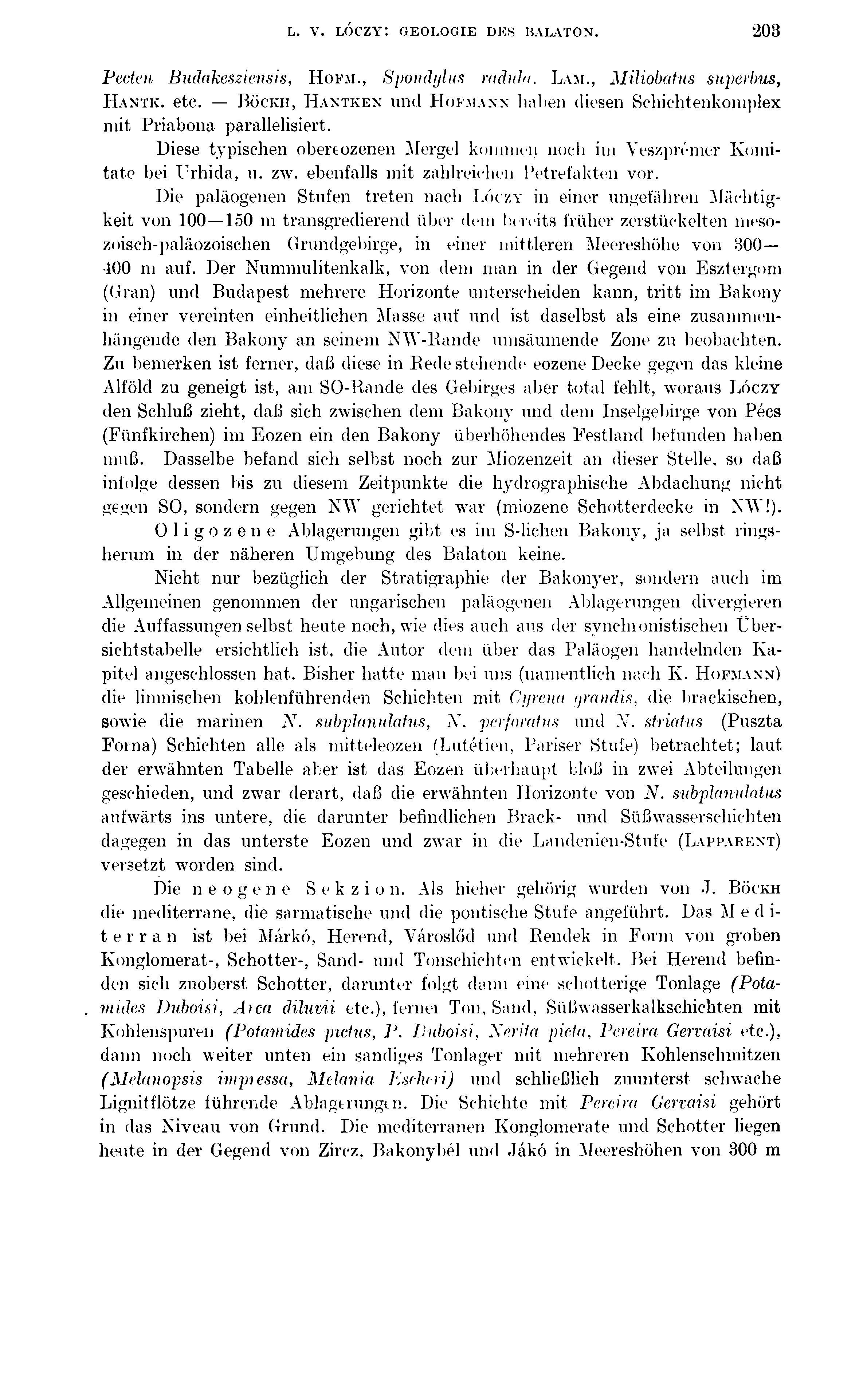 L. V. LÓCZY: GEOLOGIE DES BALATON. 203 Pecten Budakesziensis, Hofm., Spondylus radula. Lam., Miliobatus superbus, H a n t k. etc.