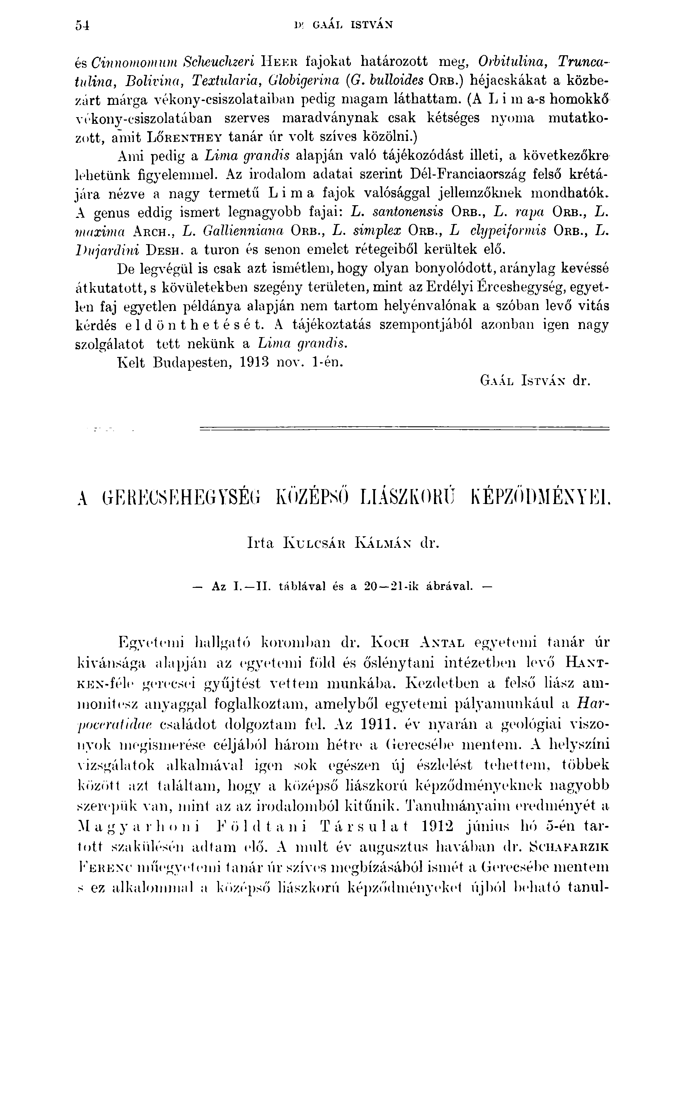 54 1K GAÁL ISTVÁN és Cinnomomum Sclieuchzeri Heer fajokat határozott meg, Orbitulina, Truncatulina, Bolivina, Textularia, Globigerina (G. bulloides Orb.