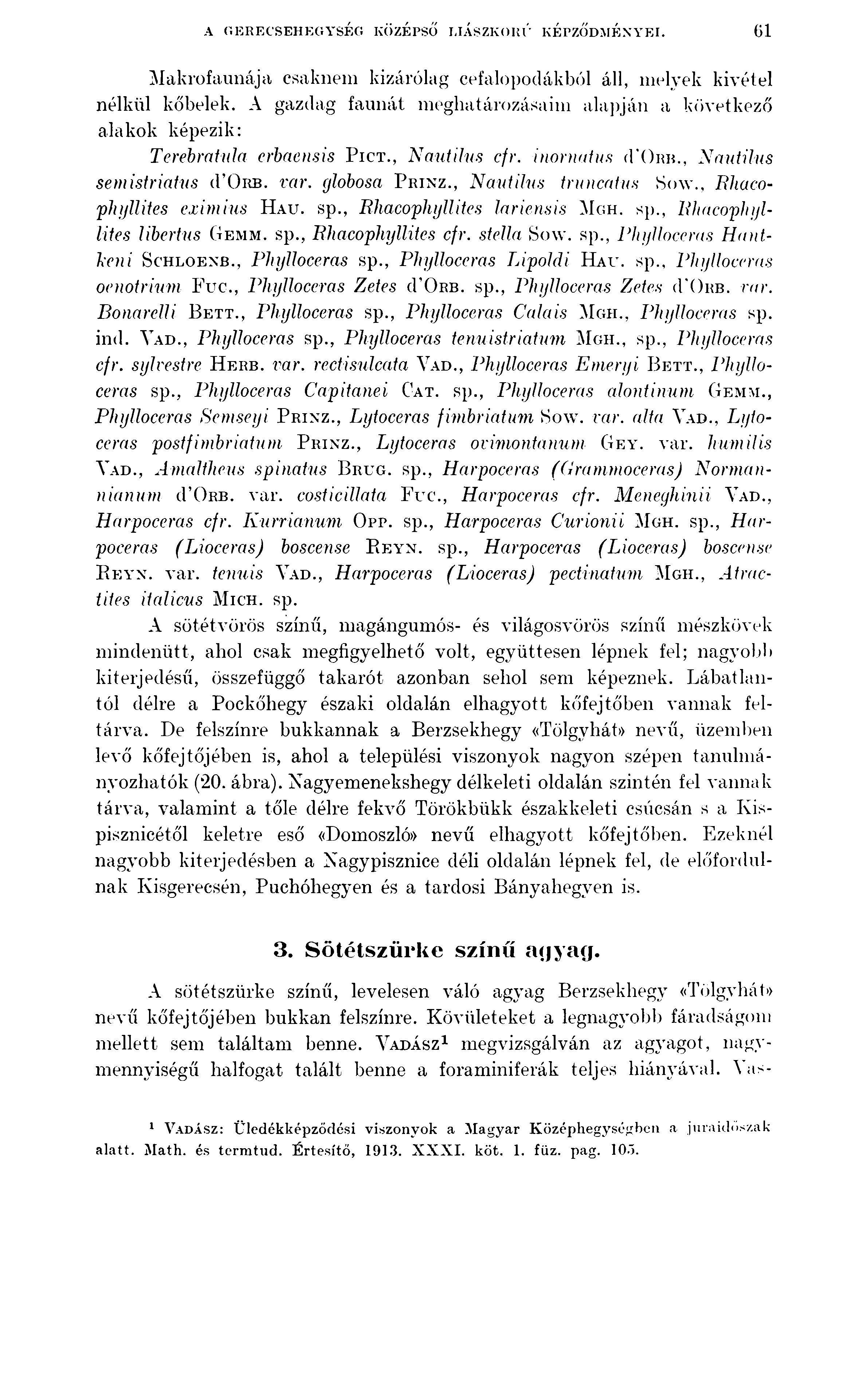 A r.erecsehkgység KÖZÉPSŐ ÍJÁSZKORÚ KÉPZŐDMÉNYEI. 61 Makrofaunája csaknem kizárólag cefalopodákból áll, melyek kivétel nélkül kőbelek.