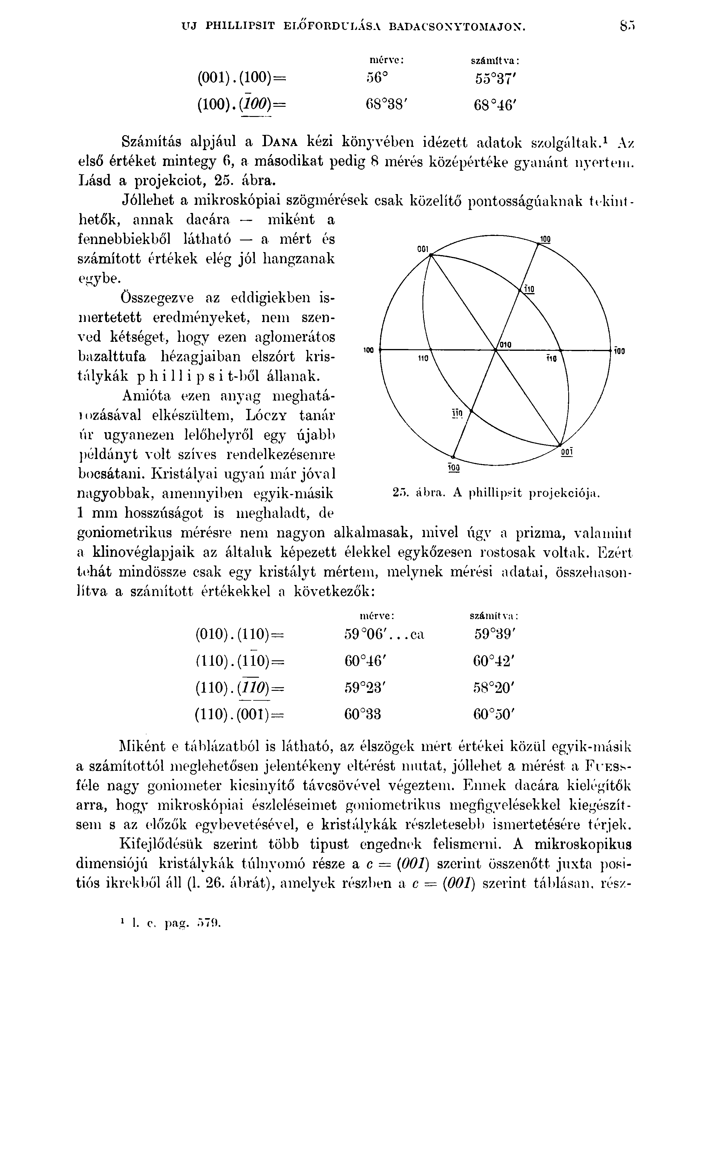 UJ PHILLIPSIT ELŐFORDULÁSA BADACSONYTOMAJON. (001). (100) = (100). (200)= mérve: 56 68 88 ' számítva: 55 37' 68 46' Számítás alpjául a D ana kézi könyvében idézett adatok szolgáltak.