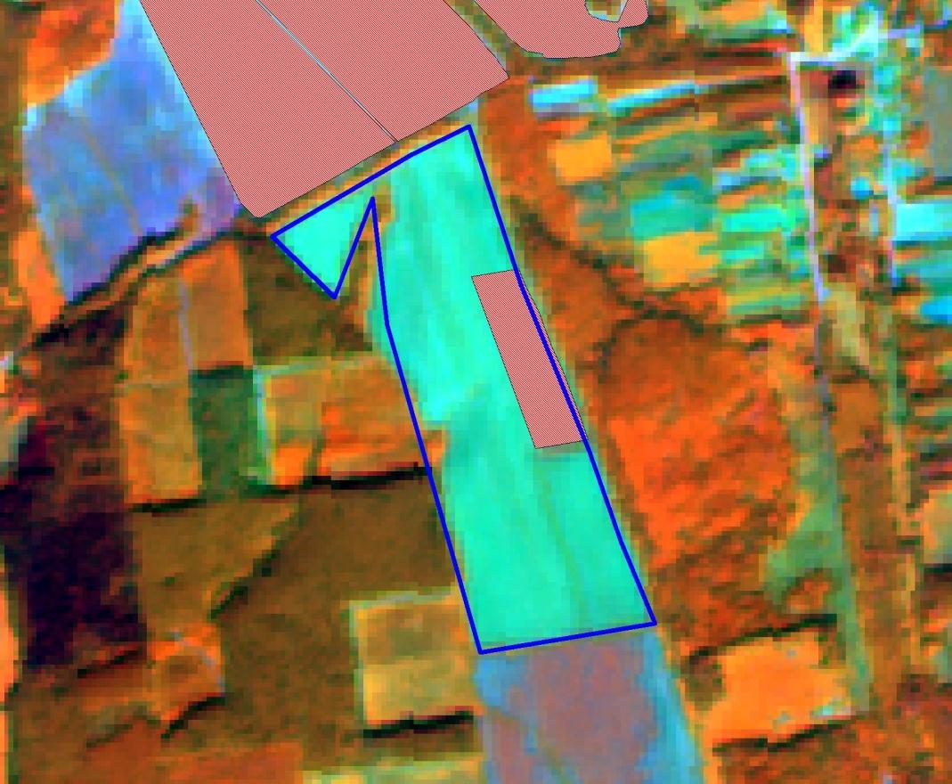 Kalászos tarló 2016.08.28, Sentinel-2 űrfelvétel színkompozit (NIR, SWIR, RED) Parlagfű fertőzöttség: 2016.08.23-án: 50%, 37.
