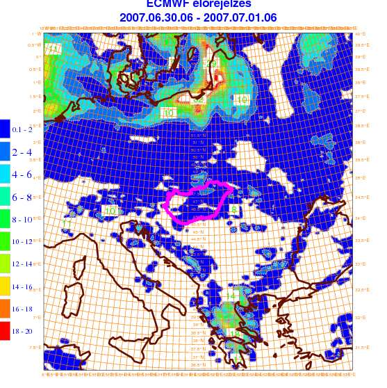 23. ábra: 2007. június 30. 06 UTC-re szóló csapadék előrejelzés Közép-Európa térségére. 6.1.3 Jó beválású numerikus előrejelzések tanulmányozása A 2010.