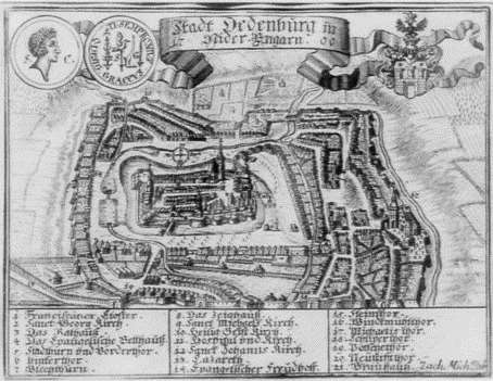 1. kép. Zacharias Michel vedutája Sopronról, 1700 Sopron viharos történelme alatt rákényszerült arra, hogy erõs védelmi rendszert építsen ki.