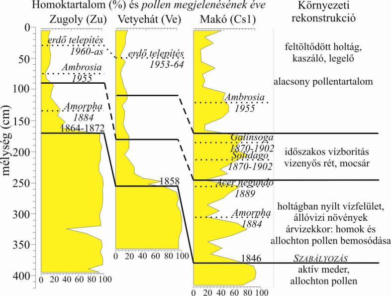 5.2.3. ábra: A Maros három feltöltődött holtágában a feltöltődés jellegzetességei (forrás: Oroszi 2009) A Maros klasszikus ártéri szakaszán (4-8.
