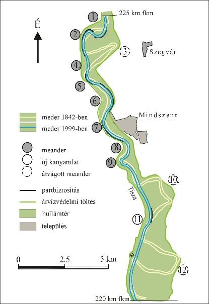 A Tisza a mintaterületen széles (w átl= 182 m), erőteljesen kanyargó mederrel (s= 1,84) rendelkezett, amelyet nagyméretű zátonyok és mederközepi szigetek tagoltak.
