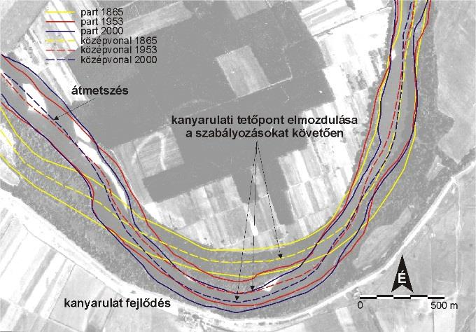 szigetek területe (ha) szigetek száma dc_946_14 1953 között volt jellemző, utána a kanyarulatok fejlődése lelassult (1-1,3 m/év).