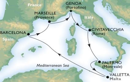 EUR/fő helyett 1189 EUR + 120 EUR kikötői 03.26., MSC Preziosa, 7 éj, Genova HÚSVÉT! Pompás városok és varázslatos szigetek 2 ágyas bella balkonos, 749 EUR/fő + 120 EUR kikötői 04.23.