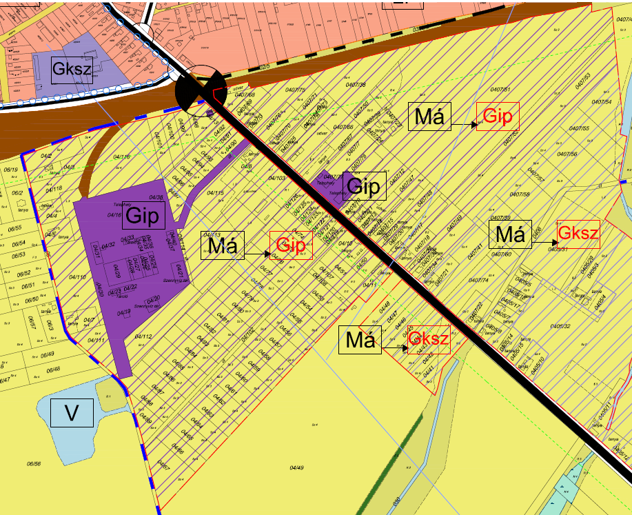 Má > Gip (Tószegi út Vasút dűlő) A vasúti átjárót követően a Tószegi út déli oldalán a már meglévő mellett gazdasági, ipari, kereskedelmi és szolgáltatási fejlesztések várhatók a közlekedési