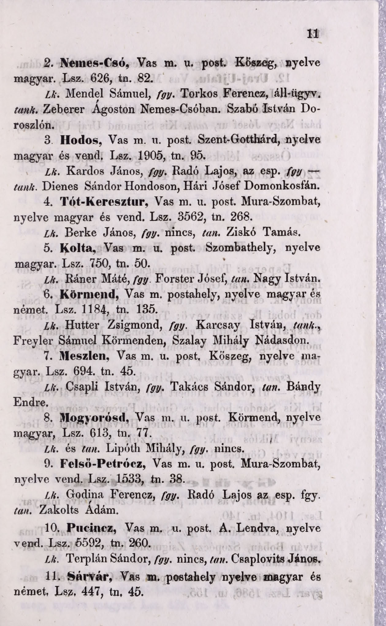 11 2. Nemes-Cső, Vas m. u. post. Kőszeg, nyelve magyar. Lsz. 626, tn. 82. Lk. Mendel Sámuel, fgy. Torkos Ferenez, áll-ügyv. tank. Zeberer Ágoston Nemes-Csóban. Szabó István Doroszlón. 3. Hodos, Vas m.