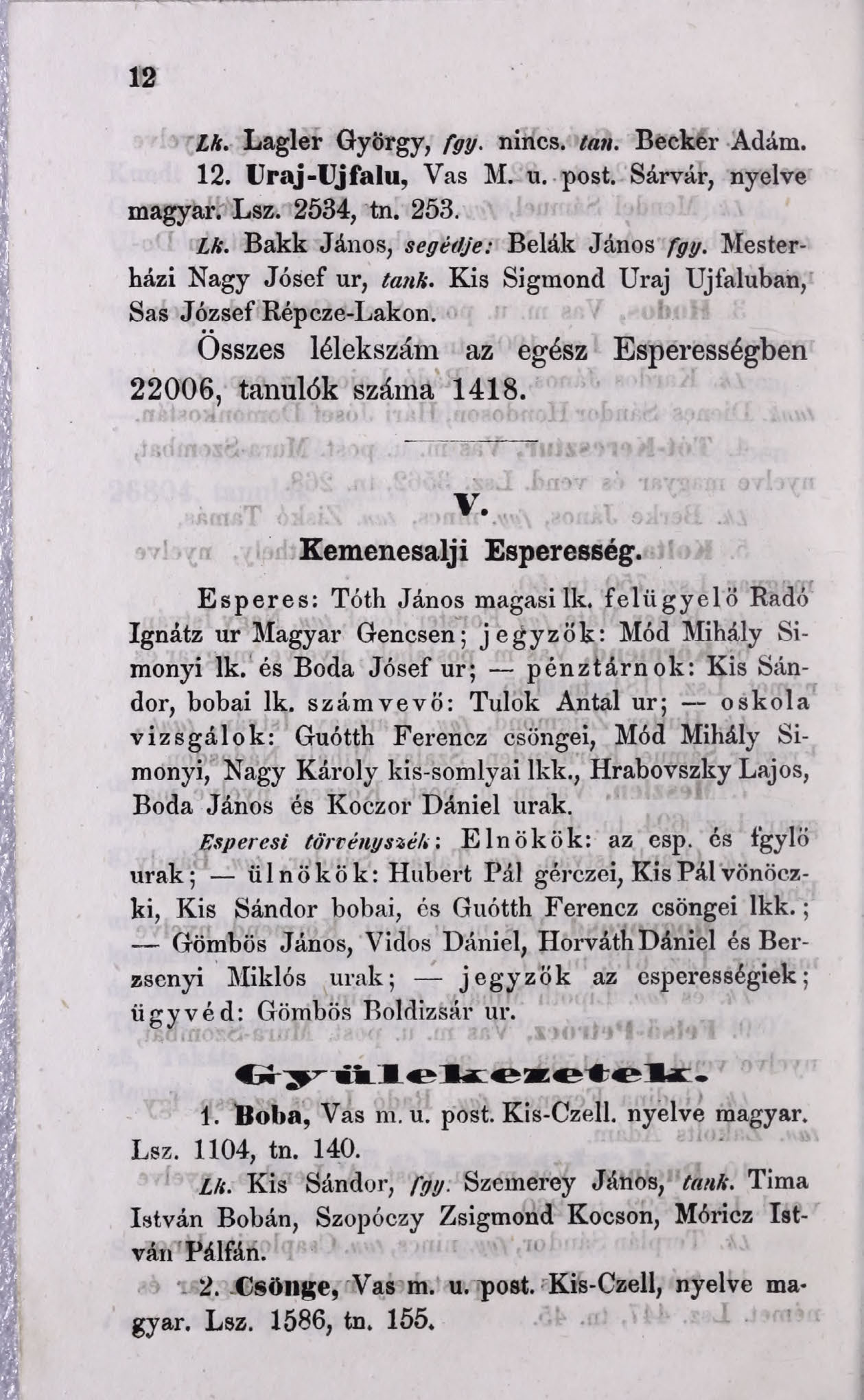 12 Lk. Lagler György, fgy. nincs. tan. Becker Adám. 12. Uraj-Újfalu, Vas M. u. post. Sárvár, nyelv magyar. Lsz. 2534, tn. 253. Lk. Bakk János, segédje: Bélák János fgy. Mesterházi Nagy Jósef ur, tank.