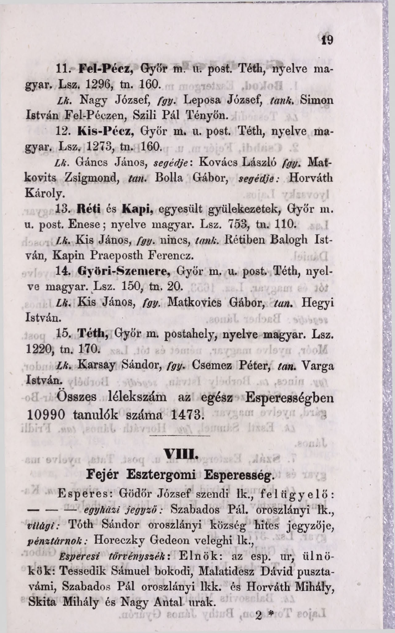 19 11. Fel-Pécz, Győr m. u. post. Téth, nyelve magyar. Lsz. 1296, tn. 160. Lk. Nagy József, fgy. Leposa József, tank, Simon István Fel-Péezen, Szili Pál Tényőn. 12. Kis-Pécz, Győr m. u. post. Tóth, nyelve magyar.