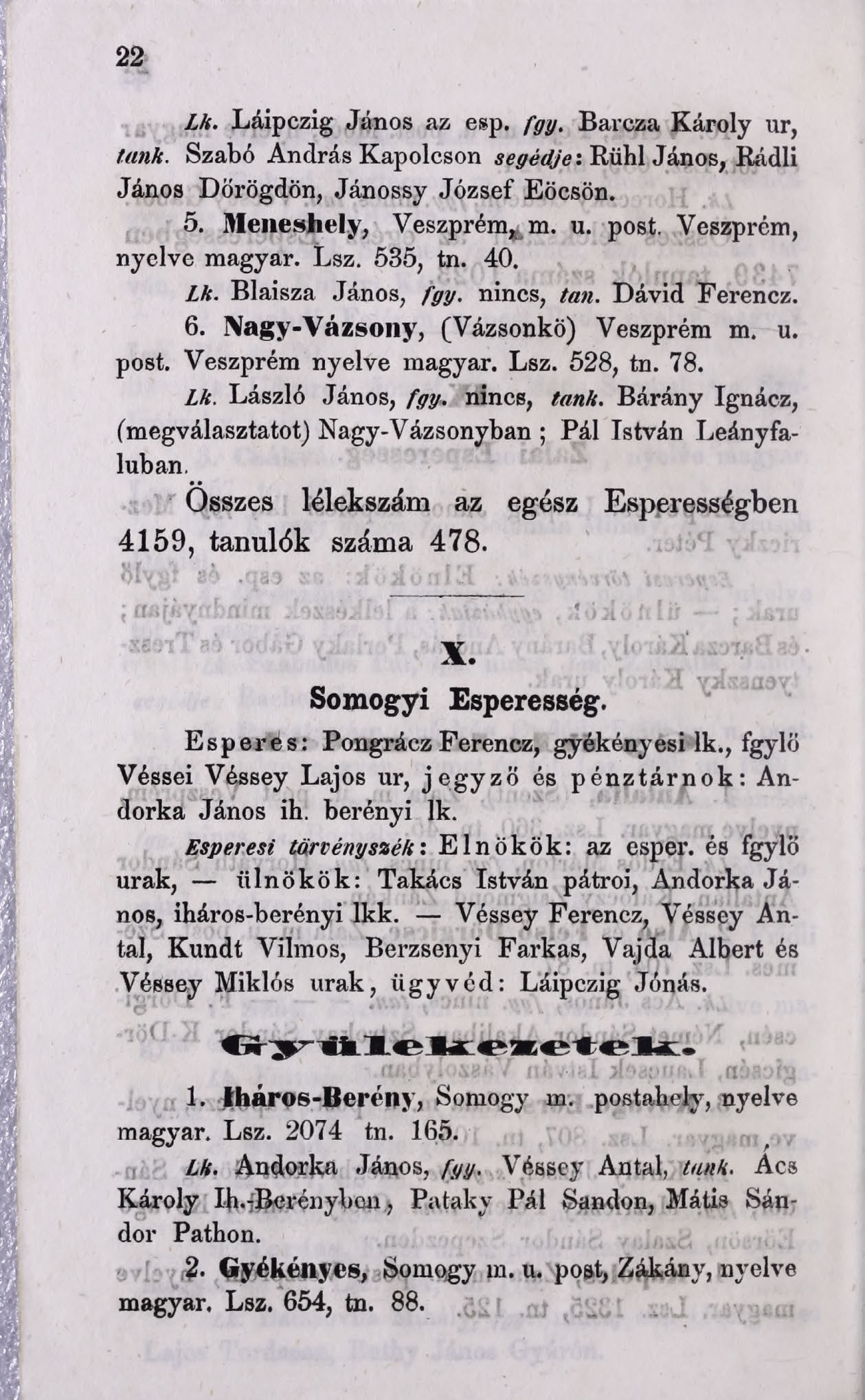 22 Lk. Láipczig János az esp. fgy. Barcza Károly ur, tünk. Szabó András Kapolcson segédje: Rühl János, Rádli János Dörögdön, Jánossy József Eöcsön. 5. Meneshely, Veszprém, m. u. post.