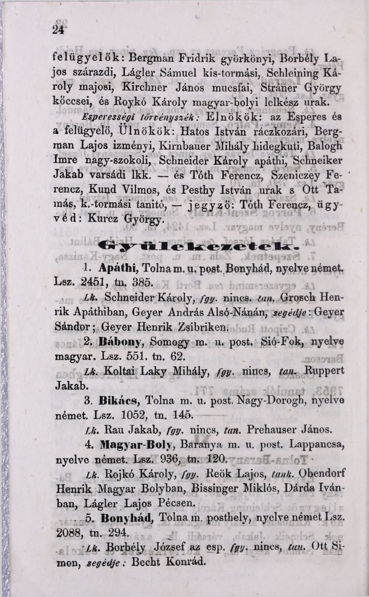 24 felügyelők: Bergman Fridiik györkönyi, Borbély Lajos szárazdi, Lágler Sámuel kis-tormási, Schleining Károly majosi, Kirchner János mucsfai, Stráner György koccsei, és Boy kő Károly magyav-bolyi