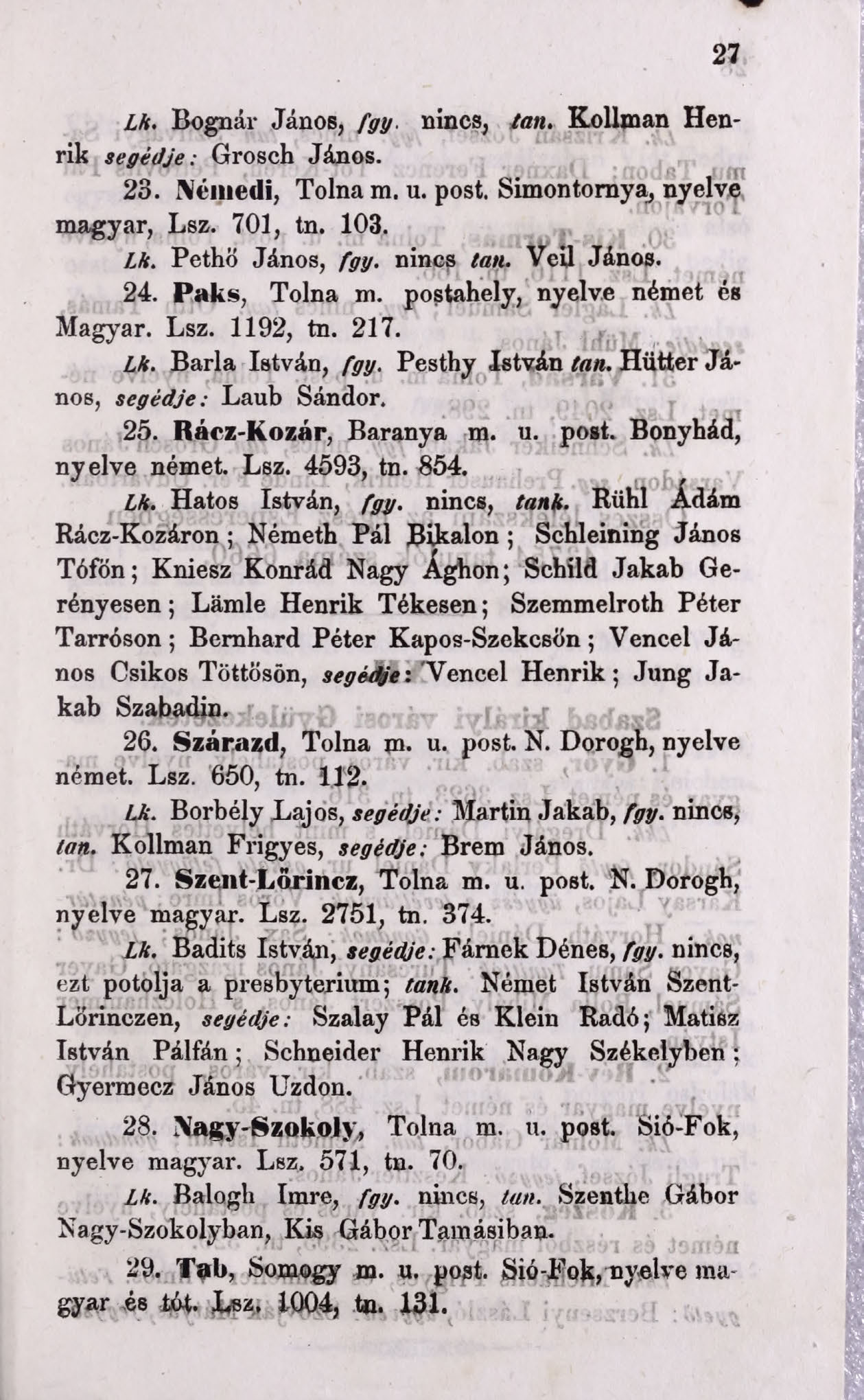 Lh. Bognár János, fgy. nincs, tan. Kollman Henrik segédje: Grosch János. 23. Néiuedi, Tolna m. u. post. Simon tornya^ nyelve magyar, Lsz. 701, tn. 103. Lh. Pethö János, fgy. nincs tan. Veil János. 24.