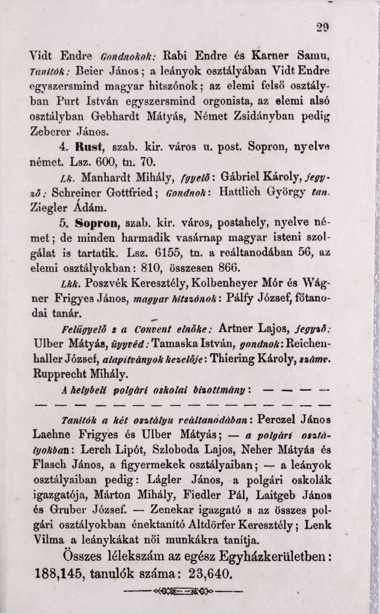 29 Vidt Endre Gondnokok: Rabi Endre és Karner Samu, Tanítók: Beier János; a leányok osztályában Vidt Endre egyszersmind magyar hitszónok; az elemi felső osztályban Purt István egyszersmind orgonista,