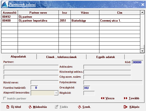 Amennyiben módosítani szeretné egy partner adatait, akkor azt a [Módosítás] kapcsolóra kattintva teheti meg. Ekkor megjelenik a cég összes adata, s azokat tetszés szerint korrigálhatja.