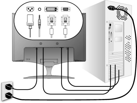 Gyors telepítés 1. Kapcsolja a tápkábelt az AC/DC (Váltóáram/Egyenáram) adapterhez. 2. Csatlakoztassa a videokábelt Győződjön meg, hogy az LCD-kijelző és a számítógép KI (OFF) van kapcsolva.