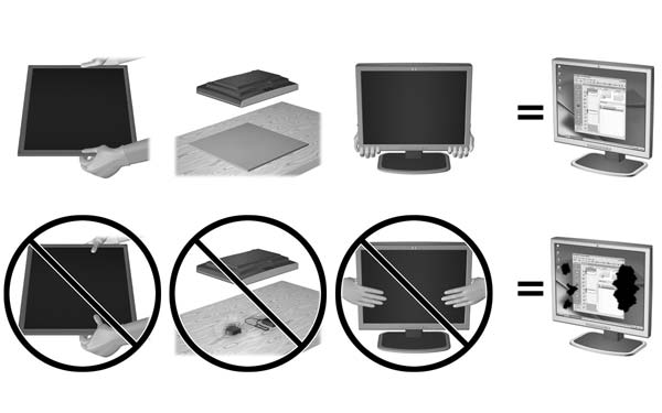 A monitor üzembe helyezése Kellő körültekintéssel helyezze üzembe monitorát A monitor épsége érdekében ügyeljen rá, hogy ne érintse meg az LCD panel felületét.