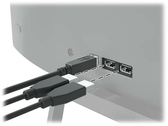 USB-eszközök csatlakoztatása Egy USB upstream port és két USB downstream port található a monitor hátoldalán.