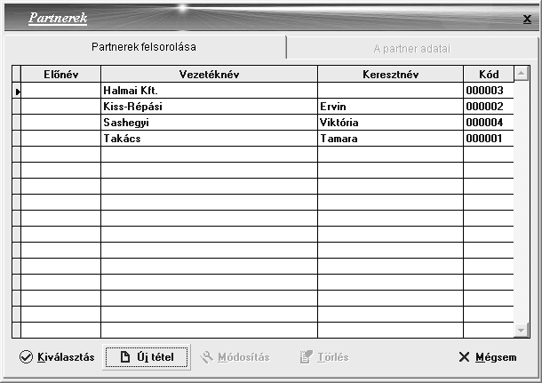 Partnerek Új partner adatainak felvitelére szolgál.