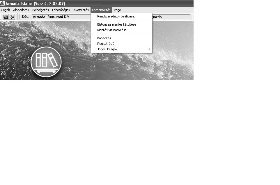 Karbantartás E menüpont az alábbiakat tartalmazza: Rendszeradatok beállítása,