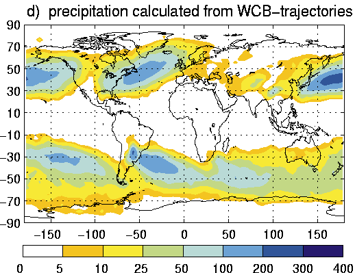 19. ábra: A meleg nedves szállítószalagok általi csapadék globális eloszlása mm-ben (forrás: Eckhardt et al., 2004). A 19.