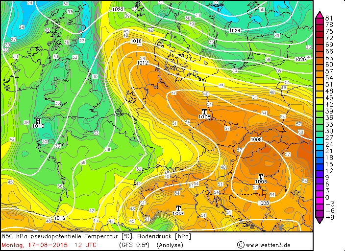 1. ábra: A 850 hpa-os szint ekvipotenciális hőmérséklete 2015.08.17-én (forrás: [9 - wetter3.de]). Az 1.