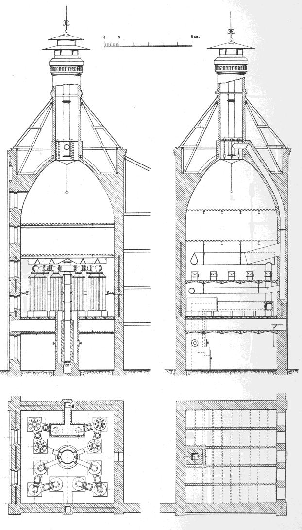 29. ábra Többszintes, többtengelyű épület (Utz, 1907 p.67) A többszintes, többtengelyű épületekben több belső támaszt alkalmaznak, mint az előző csoportnál (25. d) és 29. ábra).