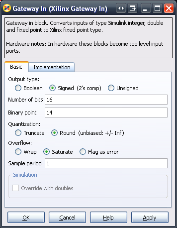 Gateway In/Out Az általános Simulink blokkokat a SysGen blokkoktól elválasztó interfész Boolean/előjeles/ előjel