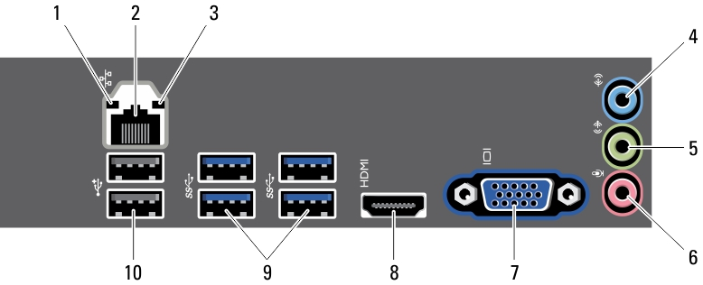 7. USB 2.0 csatlakozók (2 db) 8. bekapcsológomb 9. merevlemez-meghajtó üzemjelzője 10. tápegység-diagnosztika jelzőfény 11. feszültségválasztó kapcsoló 12. tápkábel csatlakozója 13.