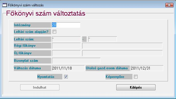 1.B.3.3. Csoportos főkönyvi szám változtatás Ebben a menüpontban egy vagy több tárgyi eszköz főkönyvi számát tudjuk módosítani.